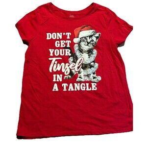 Women’s Small Christmas Cat T-Shirt Red “Don’t Get Your Tinsel in a Tangle” Tee